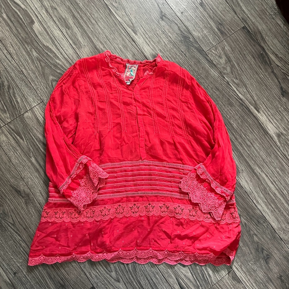 Johnny Was Coral Lace Trim Women's Top